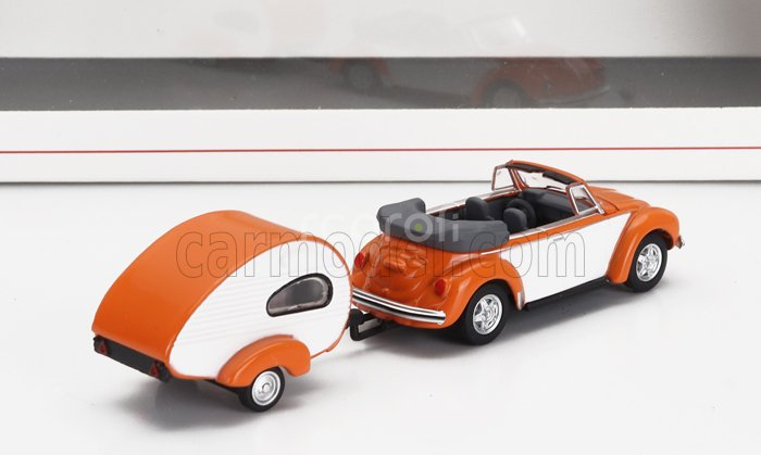 Schuco Volkswagen Beetle Cabriolet With Caravan Trailer 1960 1:87 Oranžová Bílá
