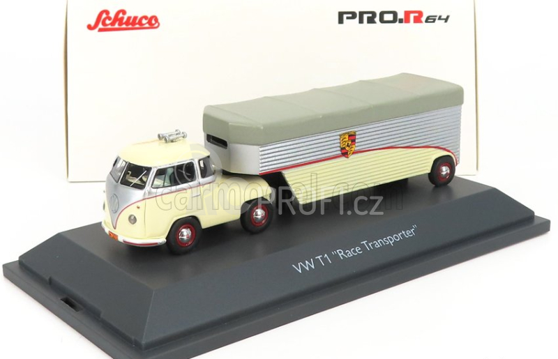 Schuco Volkswagen T1b Continental Motors Porsche Car Transporter 1962 1:64 Krémově Šedá Stříbrná