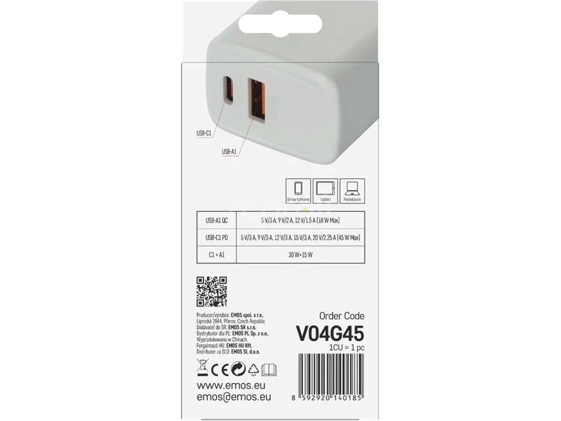 Síťový USB adaptér (zdroj) GaN PD 45W