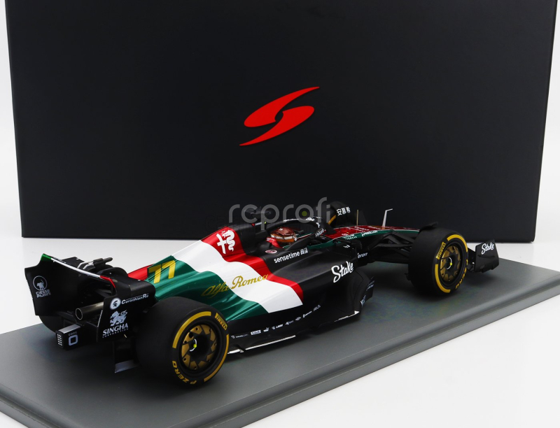 Spark-model Alfa romeo F1  C43 Team Stake N 77 Monza Italy Gp 2023 Valtteri Bottas 1:18 Černá Červená Bílá Zelená