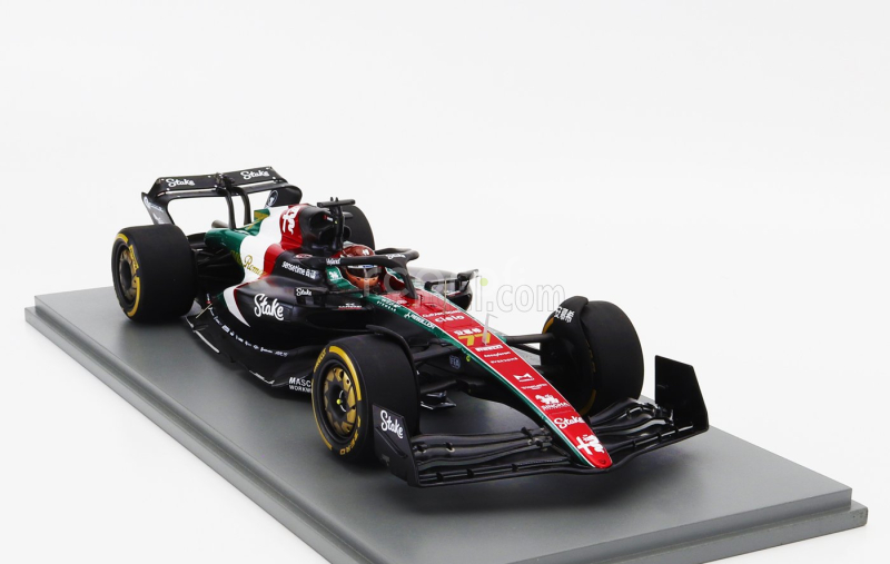 Spark-model Alfa romeo F1  C43 Team Stake N 77 Monza Italy Gp 2023 Valtteri Bottas 1:18 Černá Červená Bílá Zelená