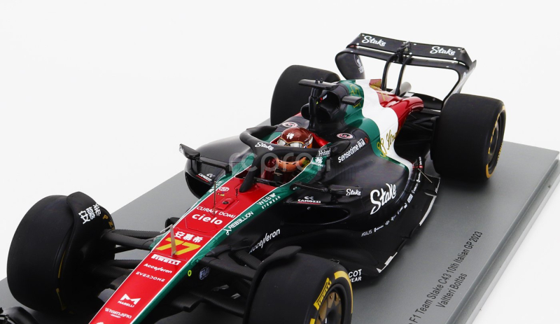 Spark-model Alfa romeo F1  C43 Team Stake N 77 Monza Italy Gp 2023 Valtteri Bottas 1:18 Černá Červená Bílá Zelená