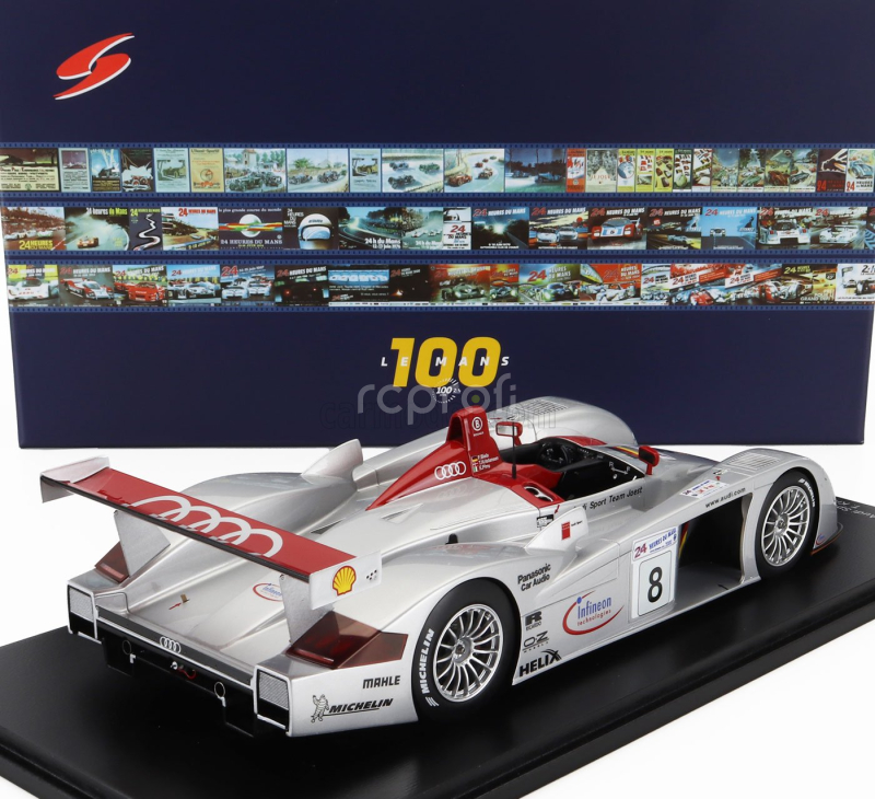 Spark-model Audi R8 3.6l Turbo V8 Team Audi Sport Joest N 8 Winner 24h Le Mans 2000 Frank Biela - Tom Kristensen - Emanuele Pirro 1:18 Silver Red