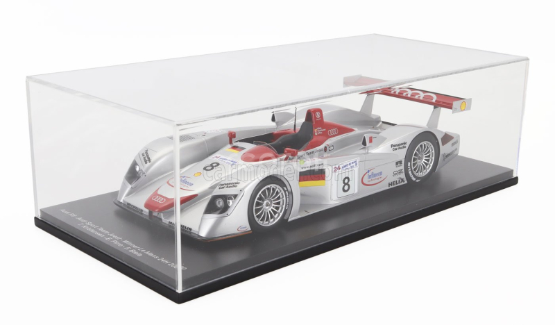 Spark-model Audi R8 3.6l Turbo V8 Team Audi Sport Joest N 8 Winner 24h Le Mans 2000 Frank Biela - Tom Kristensen - Emanuele Pirro 1:18 Silver Red