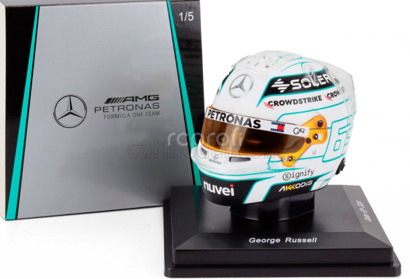 Spark-model Bell helmet Casco Helmet F1 George Russell F1 Team Mercedes Amg N 63 Qatar Gp 2024 1:5 Bílá