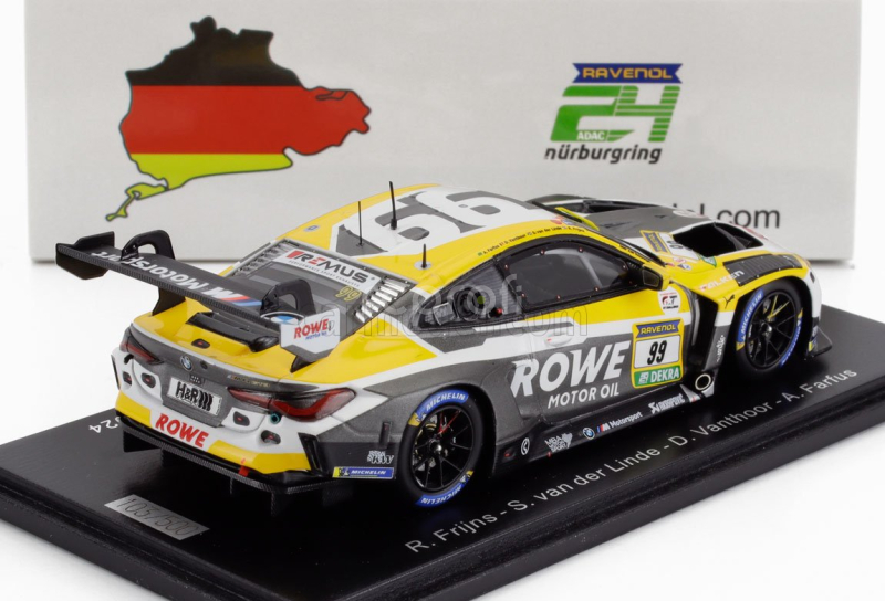 Spark-model BMW 4-series M4 Gt3 Team Rowe Racing N 99 24h Nurburgring 2024 R.frijns - S.van Der Linde - D.vanthoor - A.farfus 1:43 Šedá Žlutá Bílá