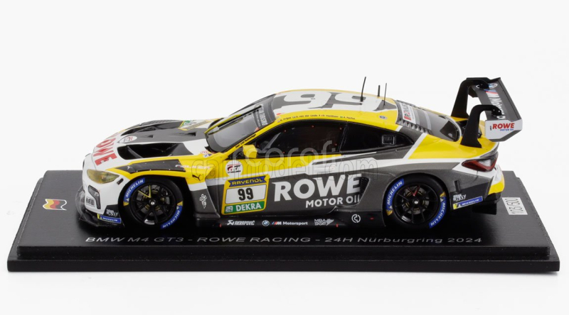 Spark-model BMW 4-series M4 Gt3 Team Rowe Racing N 99 24h Nurburgring 2024 R.frijns - S.van Der Linde - D.vanthoor - A.farfus 1:43 Šedá Žlutá Bílá