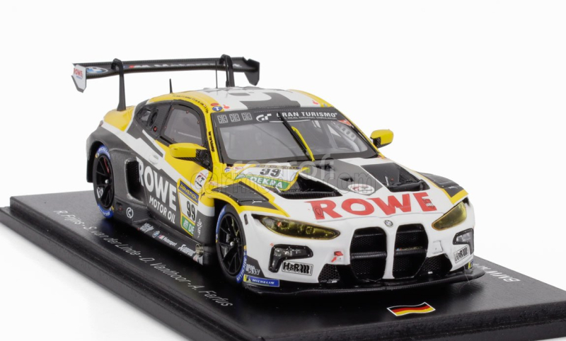 Spark-model BMW 4-series M4 Gt3 Team Rowe Racing N 99 24h Nurburgring 2024 R.frijns - S.van Der Linde - D.vanthoor - A.farfus 1:43 Šedá Žlutá Bílá