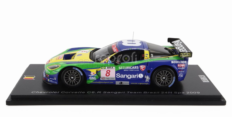 Spark-model Chevrolet Corvette C6.r Z06 Team Sangari Brazil N 8 24h Spa 2009 Enrique Bernoldi - Xavier Maassen - Roberto Streit 1:43 Modrá Zelená Žlutá