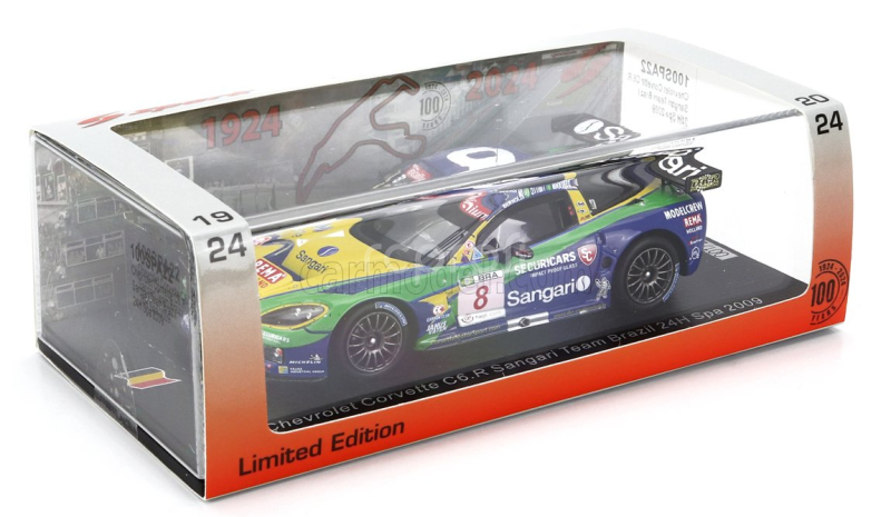 Spark-model Chevrolet Corvette C6.r Z06 Team Sangari Brazil N 8 24h Spa 2009 Enrique Bernoldi - Xavier Maassen - Roberto Streit 1:43 Modrá Zelená Žlutá
