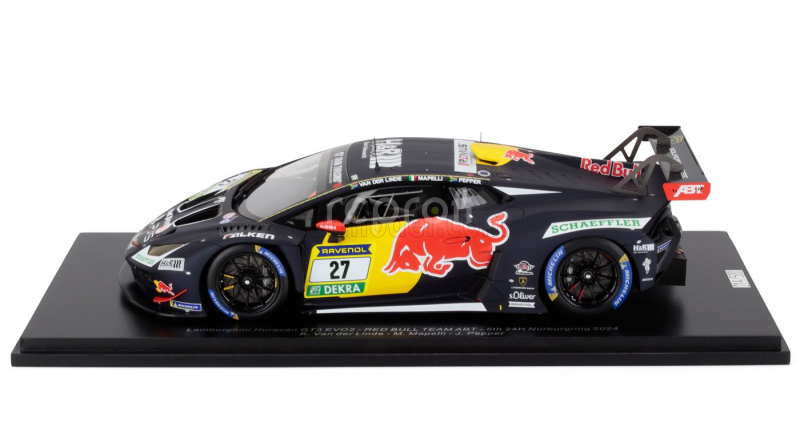 Spark-model Lamborghini Huracan Gt3 Evo2 5.2l V10 Team Abt N 27 24h Nurburgring 2024 Kelvin Van Der Linde - Marco Mapelli - Jordan Pepper 1:18 Modrá Žlutá Červená