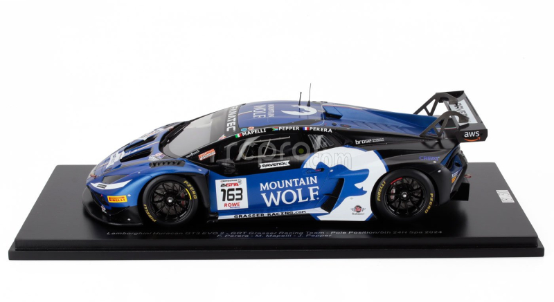 Spark-model Lamborghini Huracan Gt3 Evo2 5.2l V10 Team Grt Grasser Racing N 163 Pole Position 24h Spa 2024 Franck Perera - Marco Mapelli - Jordan Pepper 1:18 Modrá Bílá
