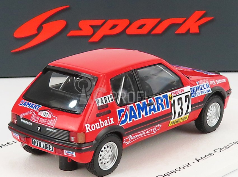 Spark-model Peugeot 205 1.6 Gti N 132 Rally Montecarlo 1986 Francois Delecour - Anne Chantal Pauwels 1:43 Red