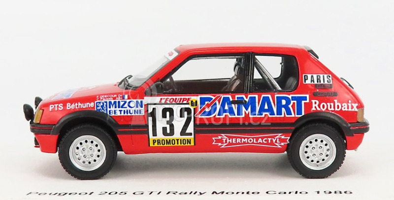 Spark-model Peugeot 205 1.6 Gti N 132 Rally Montecarlo 1986 Francois Delecour - Anne Chantal Pauwels 1:43 Red