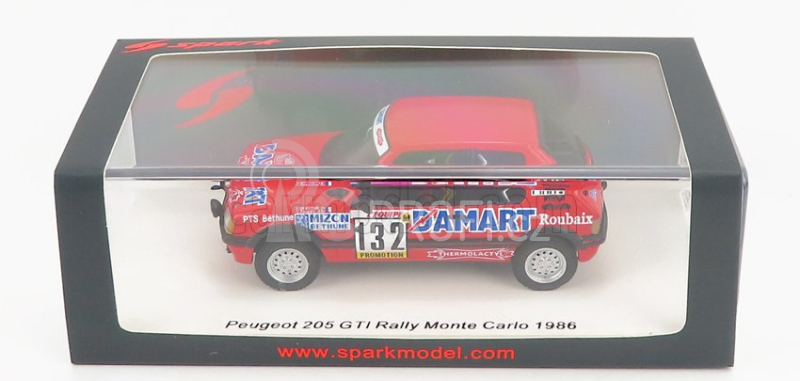 Spark-model Peugeot 205 1.6 Gti N 132 Rally Montecarlo 1986 Francois Delecour - Anne Chantal Pauwels 1:43 Red