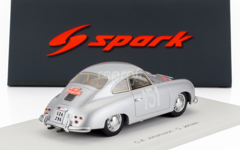 Spark-model Porsche 356 Coupe N 151 Rally Montecarlo 1955 Carsten Johansson - Gunnar Jensen 1:43 Silver