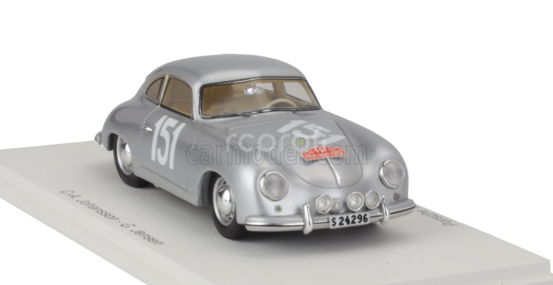Spark-model Porsche 356 Coupe N 151 Rally Montecarlo 1955 Carsten Johansson - Gunnar Jensen 1:43 Silver
