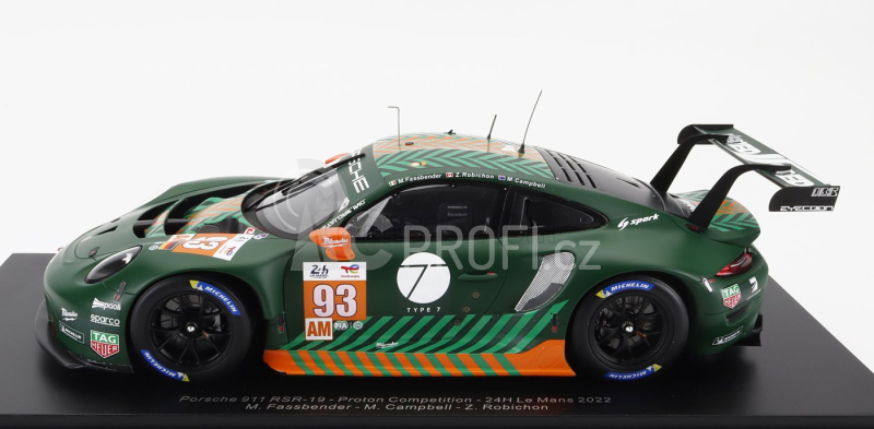 Spark-model Porsche 911 991 Rsr-19 4.2l Team Proton Competition N 93 24h Le Mans 2022 Michael Fassbender - Matt Campbell - Zacharie Robichon - Con Vetrina - With Showcase - Special Box 1:18 Zelená Černá