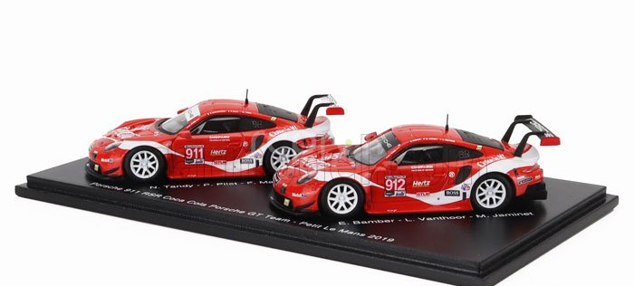Spark-model Porsche 911 991 Rsr Team Porsche Gt Coca-cola N 911 Petit Le Mans 2019 P.pilet - N.tandy - F.makowiecki + N 912 Petit Le Mans 2018 E.bamber - L.vanthoor - M.jaminet 1:64 Červená Bílá