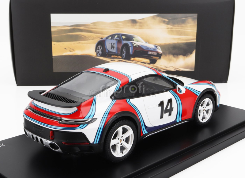 Spark-model Porsche 911 992 Coupe Martini Racing Livery N 14 Rally Dakar 2023 - Con Vetrina - With Showcase 1:18 Bílá Modrá Červená
