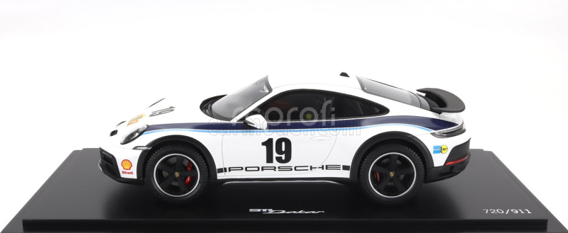 Spark-model Porsche 911 992 Coupe N 19 Rally Dakar Design 2022 - Con Vetrina - With Showcase 1:18 Bílá Modrá