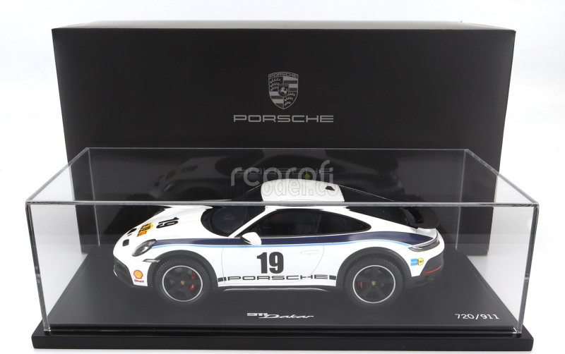 Spark-model Porsche 911 992 Coupe N 19 Rally Dakar Design 2022 - Con Vetrina - With Showcase 1:18 Bílá Modrá