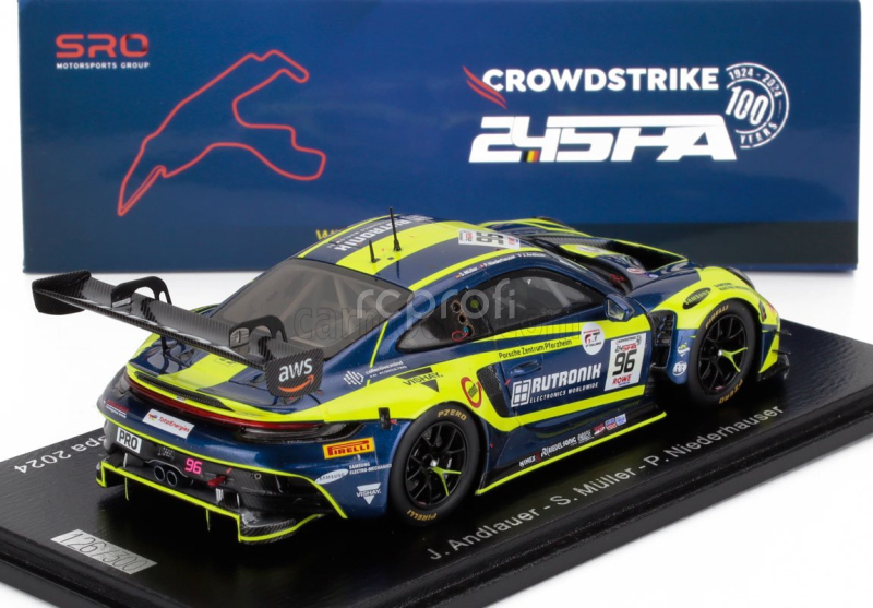 Spark-model Porsche 911 992 Gt3 R 4.2l Team Rutronik Racing N 96 24h Spa 2024 Julien Andlauer - Sven Muller - Patric Niederhauser 1:43 Žlutá Modrá