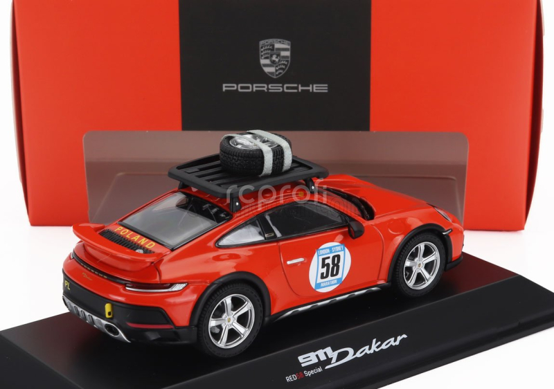 Spark-model Porsche 911 992 N 58 Rally Dakar Red58 Special With Pack Roof 2023 1:43 Krvavě Oranžová