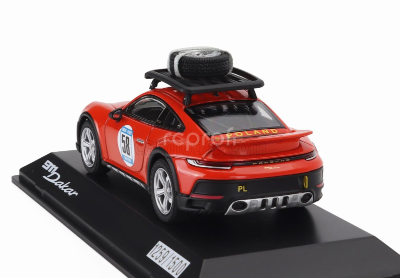 Spark-model Porsche 911 992 N 58 Rally Dakar Red58 Special With Pack Roof 2023 1:43 Krvavě Oranžová