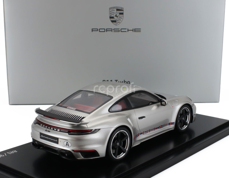 Spark-model Porsche 911 992 Turbo Coupe 2023 - First Turbo Remastered - Con Vetrina - With Showcase 1:18 Silver