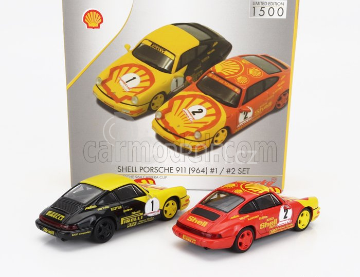 Spark-model Porsche Set 2x 911 964 N 1 Carrera Cup Shell Pirelli 1991 W.kaufmann + N 2 Carrera Cup Shell Trophy 1991 1:64 Žlutá Červená Černá