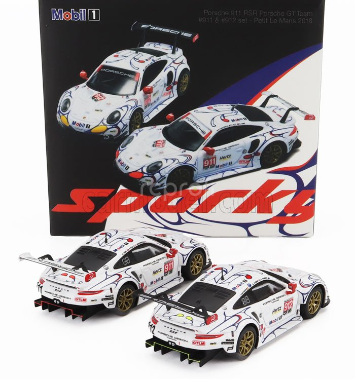 Spark-model Porsche Set 2x 911 991 Rsr Team Porsche Gt N 911 Winner Gtlm Class Petit Le Mans 2018 P.pilet - N.tandy - F.makowiecki + N 912 2nd Gtlm-class Petit Le Mans 2018 E.bamber - L.vanthoor - M.jaminet 1:64 Bílá
