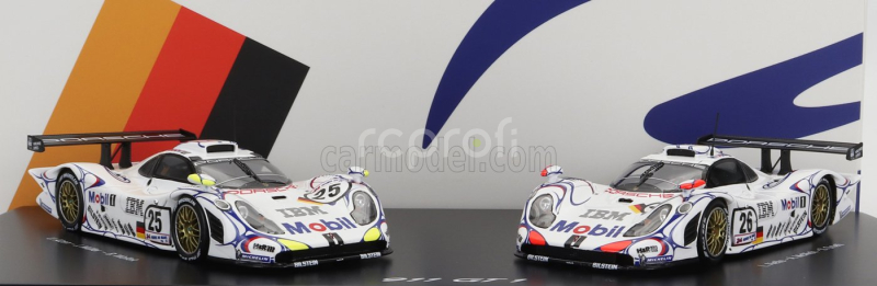 Spark-model Porsche Set 2x 911 Gt1-98 Team Porsche Ag Mobil 1 N 26 Winner 24h Le Mans 1998 A.mcnish - L.aiello - E.ortelli + N 25 2nd 24h Le Mans J.muller - U.alzen - B.wollek 1:43 Bílá Modrá Červená