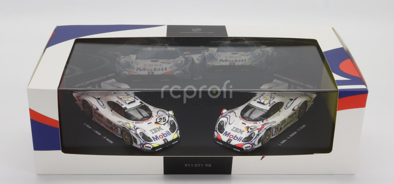 Spark-model Porsche Set 2x 911 Gt1-98 Team Porsche Ag Mobil 1 N 26 Winner 24h Le Mans 1998 A.mcnish - L.aiello - E.ortelli + N 25 2nd 24h Le Mans J.muller - U.alzen - B.wollek 1:43 Bílá Modrá Červená