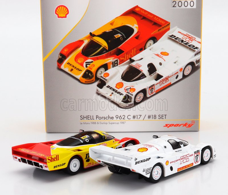 Spark-model Porsche Set 2x 962c Porsche Ag Team N 18 24h Le Mans 1988 Bob Wollek - Vern Schuppan - Sarel Van Der Merwe + 962c 2.8l Team Pdk Dunlop N 17 Winner Supercup Nurburgring 1987 Hans Joachim Stuck 1:64 Červená Žlutá Bílá
