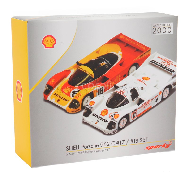Spark-model Porsche Set 2x 962c Porsche Ag Team N 18 24h Le Mans 1988 Bob Wollek - Vern Schuppan - Sarel Van Der Merwe + 962c 2.8l Team Pdk Dunlop N 17 Winner Supercup Nurburgring 1987 Hans Joachim Stuck 1:64 Červená Žlutá Bílá