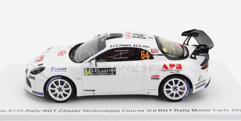 Spark-model Renault Alpine A110 Rally Rgt Team Chazel Technologie Course N 64 3rd Rgt Rally Montecarlo 2023 E.royere - G.dini 1:43 Bílá