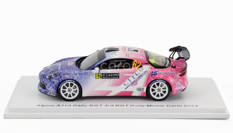 Spark-model Renault Alpine A110 Rgt Team Code Racing Development N 62 Rgt Rally Montecarlo 2024 Christophe Berard - Christophe Bernabo 1:43 Modrá Bílá Růžová