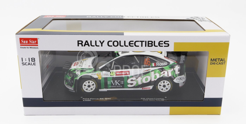Sun-star Ford england Focus Rs Wrc Stobart N 46 Rally Wales Gb 2008 Valentino Rossi - Carlo Cassina 1:18 Bílá Zelená Modrá