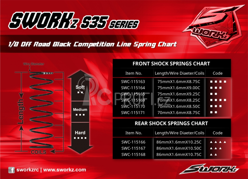 SWORKz 1/8 BLACK LINE Competition pružiny olej. tlumičů, (S3-Dot)(70X1.6X8.5), 2 ks.