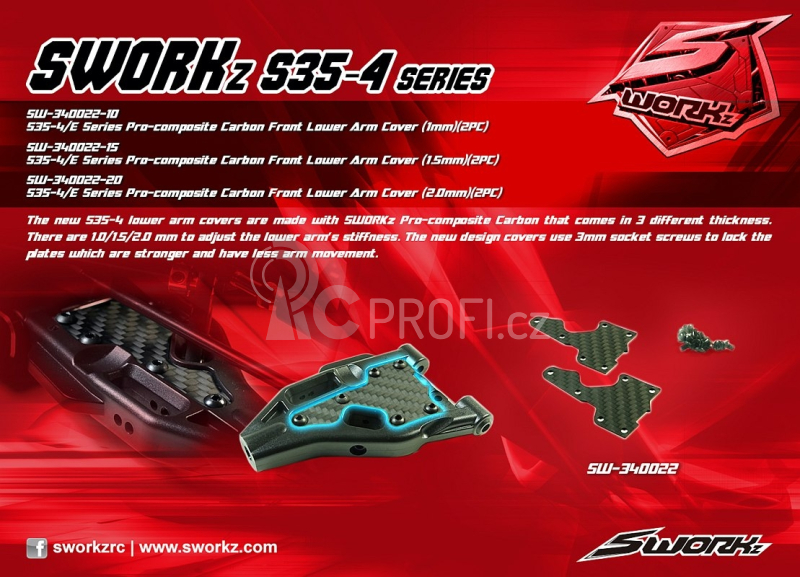 SWORKz uhlíková vzpěra spodní předního ramena, 1,5mm, včetně šroubů, 2 ks.