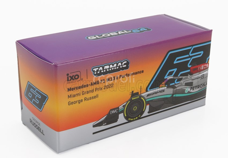 Tarmac Mercedes gp F1 W13e Team Mercedes-amg Petronas F1 N 63 5th Miami Gp 2022 George Russell 1:64 Stříbrná Zelená