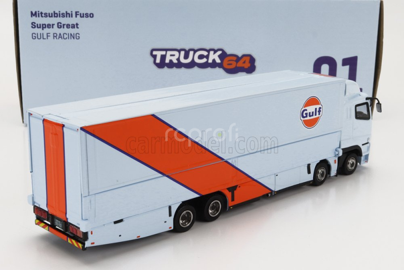 Tarmac Mitsubishi Fuso Truck Car Transporter Gulf Racing Livery 4-assi 2023 - Cars Not Included 1:64 Světle Modrá Oranžová