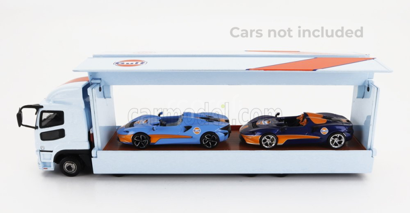 Tarmac Mitsubishi Fuso Truck Car Transporter Gulf Racing Livery 4-assi 2023 - Cars Not Included 1:64 Světle Modrá Oranžová