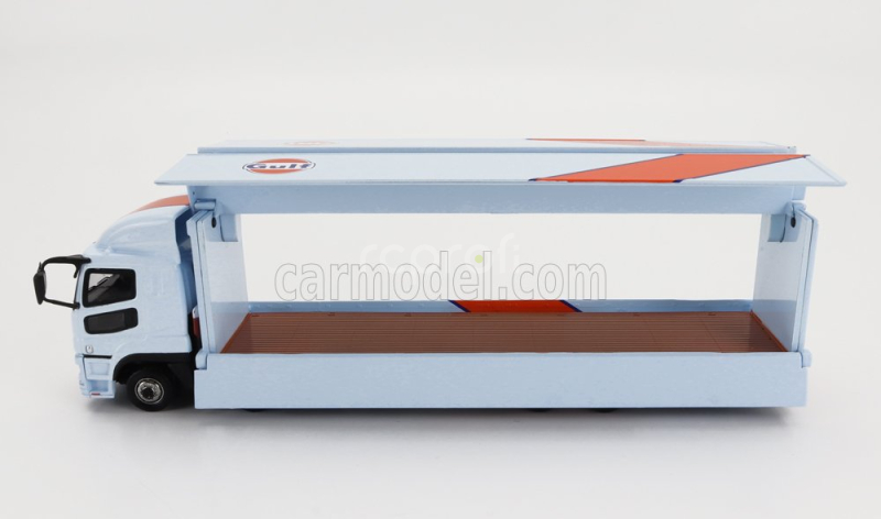 Tarmac Mitsubishi Fuso Truck Car Transporter Gulf Racing Livery 4-assi 2023 - Cars Not Included 1:64 Světle Modrá Oranžová
