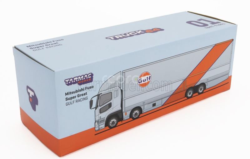 Tarmac Mitsubishi Fuso Truck Car Transporter Gulf Racing Livery 4-assi 2023 - Cars Not Included 1:64 Světle Modrá Oranžová
