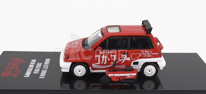 Tiny toys Honda City Turbo Ii Coca-cola The Real Thing 1981 With Motocompo - Motorcycle 1:64 Červená Bílá