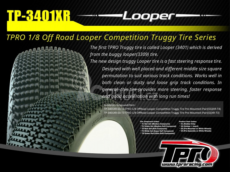 TPRO 1/8 Truggy LOOPER - XR Soft T3 - nalepené, bílé disky, 2 ks.