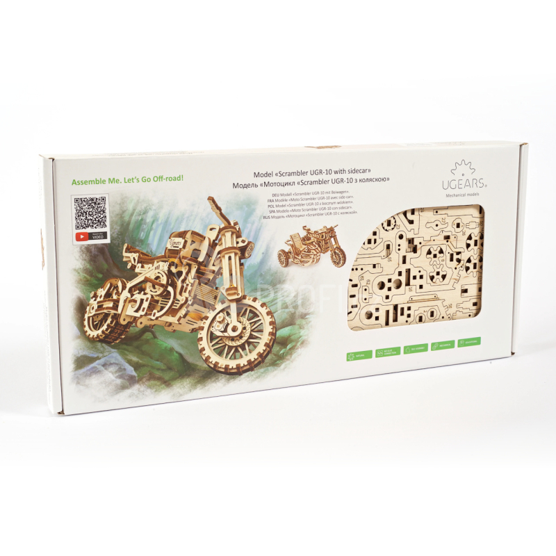 Ugears 3D dřevěné mechanické puzzle UGR-10 Motorka (scrambler) s vozíkem