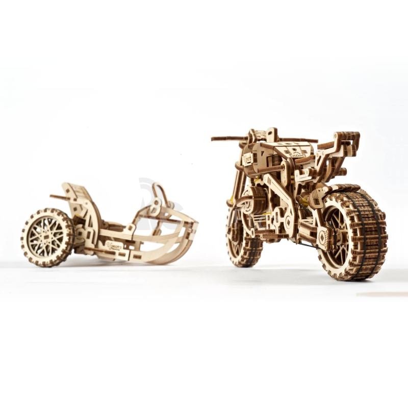 Ugears 3D dřevěné mechanické puzzle UGR-10 Motorka (scrambler) s vozíkem